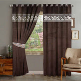 2 Pieces Luxury Velvet Curtain Panels with 2 belts-Brown/White